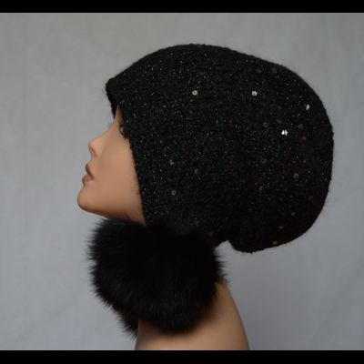 Меланжевая черная вязаная шапка ушанка с помпонами Vizio 6444 Италия