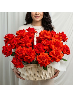 Корзина из 25 французских алых роз
