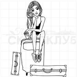 Штамп Девушка на чемодане со стаканчиком кофе