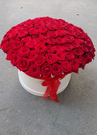 Огромный букет роз, большой букет роз, красные розы в шляпной коробке