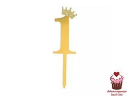 Топпер Цифра 1 с короной, золото, акрил (10,5см)