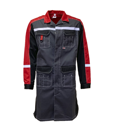 Халат ФОРМУЛА мужской, тк. смесовая 65%ПЭ + 35%ХБ, пл. 240 г/м2, ВО, цв. темно-серый/красный