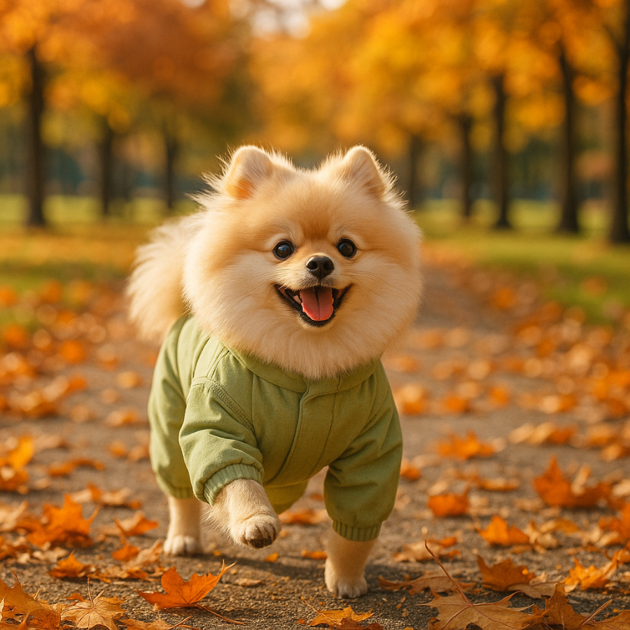 Собака шпиц на прогулке в салатовом комбинезончике