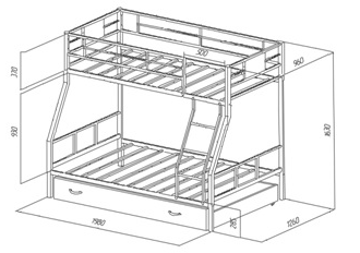 Двухъярусная кровать металлическая ФМ - ГР 1 + Ящик (190х90 и 190х120) + 250 бонусов
