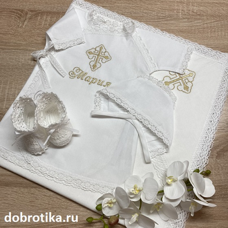 Тёплое платье-рубашка "Традиция золото" для Крещения девочки: кружево, вышитый крестик (цвет на выбор), 0-3 мес., 3-6 мес., 6-12 мес., можно вышить любое имя