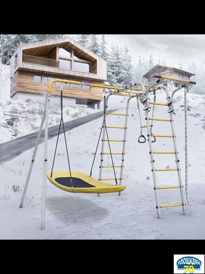 Детский спортивный комплекс для дачи ROMANA Веселая лужайка - 2 (красный/желтый/белый) (с пластиковыми качелями)