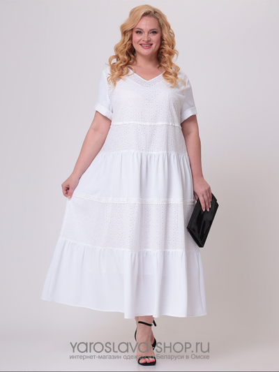 Платье А-силуэта с воланами из двух видов хлопковой ткани белого цвета