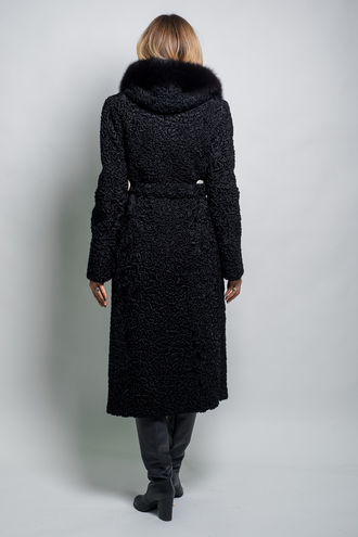 Шуба женская  пальто Лилия натуральный  мех каракуль, с капюшоном, зимняя, черная арт. ц-014