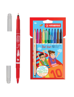 Фломастеры двусторонние STABILO "Trio", 10 цветов, капиллярная ручка с другой стороны, 222/10-01