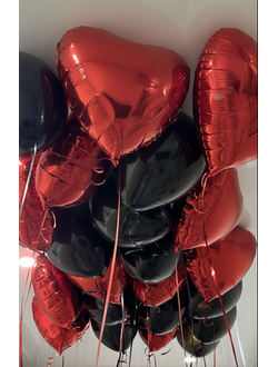 Шары чёрные и красные сердечки 21 шт под потолок