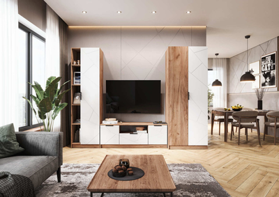 Композиция Гостиной ОРЕГОН Дуб Крафт Табачный/Белый супермат