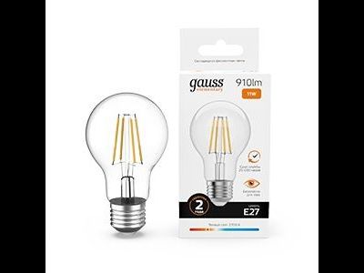 Лампа светодиодная Gauss Elementary Filament ЛОН А60 Е27 11W(910lm) 2700К 105х60  прозр, стекло, нитевид 22211