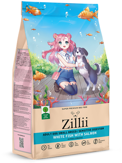 ZILLII Adult Dog Small Breed Sensitive Digestion Сухой корм для взрослых собак мелких пород с чувствительным пищеварением  Белая Рыба с Лососем 0.8 кг