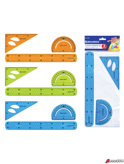 Набор чертежный большой гибкий BRAUBERG «FLEX» (линейка 30 см, треугольник, транспортир), ассорти. 210680