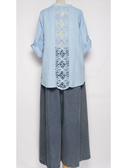 РУБАШКА ЛЁН "КРУЖЕВО НА СПИНЕ" голубая, синяя р.46-52