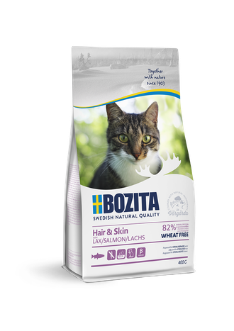 Bozita Hair &amp; Skin WHEAT FREE Salmon 30/15 сухое питание для взрослых и растущих кошек, для здоровой кожи и блестящей шерсти С ЛОСОСЕМ. НЕ СДЕРЖИТ ПШЕНИЦУ. (400 гр)