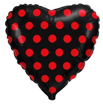 Фольгированный шар с гелием "Сердце черное в красный горох" 45 см
