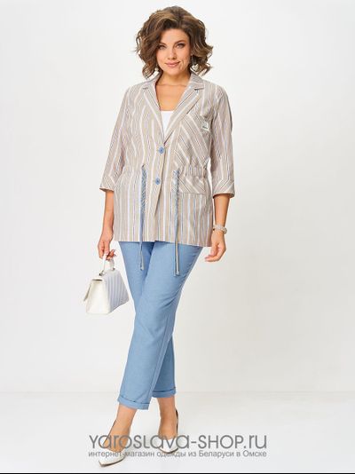 Брючный комплект: бежевая блуза в полоску, голубые брюки (модификация 3)