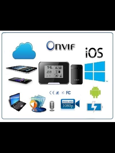 IP видеоняня WiFi (Настольные часы - метеостанция с внешним датчиком температуры, охранная видеокамера) с аккумулятором и с DVR, Full HD 1 Mp