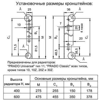 Габариты кронштейна "уголок" Н-400 для радиаторов Prado