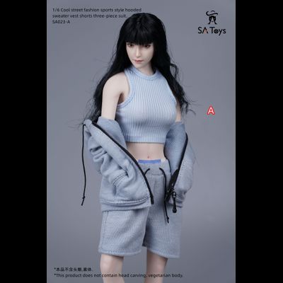 Женский спортивный костюм, набор из 3 предметов (голубой) - 1/6 - Cool street fashion sports style hooded sweater vest shorts three-piece suit  (SA023A) - SA Toys