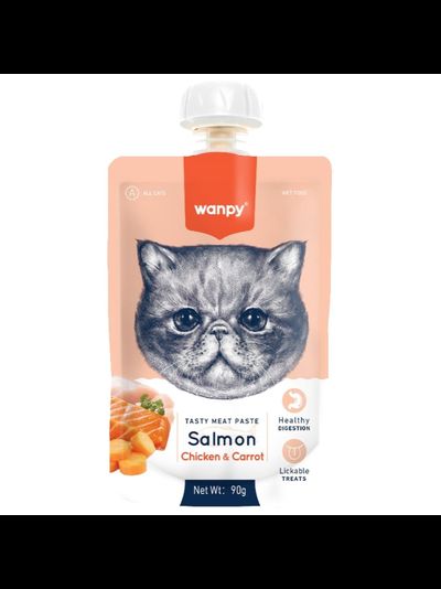 Wanpy Cat (Ванпи кэт) Лакомство для кошек Мясной мусс из лосося и курицы с морковью, 90 г
