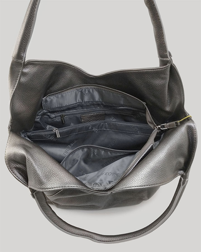 (АРТИКУЛ: 9782/1/51) СУМКА МЕШОК, БОЛЬШАЯ, КОЖАНАЯ, СЕРАЯ С НЕБОЛЬШИМ БЛЕСКОМ, ДВЕ РУЧКИ ЧЕРЕЗ ПЛЕЧО