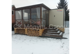 Модульный садовый домик 6.45мх5.9м СНТ "Малышево" Утепление 100мм, Внутри вагонка штиль, снаружи металлический сайдинг L-брус, отопление: электрические конвектора + печь