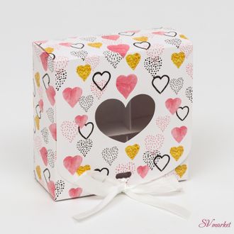 Подарочная коробка для конфет,сборная с окном &quot;Разноцветные сердечки&quot;, 11,5 х 11,5 х 5 см