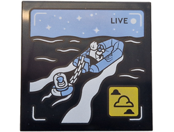 Tile 4 x 4 with 'LIVE' Broadcast with Bright Light Blue Rubber Raft and Sky, Black Sea, White Minifigure, Stars and Waves, Yellow Icon with Clouds Pattern, Black (1751pb047 6530113)