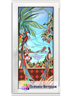 Витражная пленка, витражная пленка самоклеющаяся под заказ,пленочный витраж флора с птицами павлинам