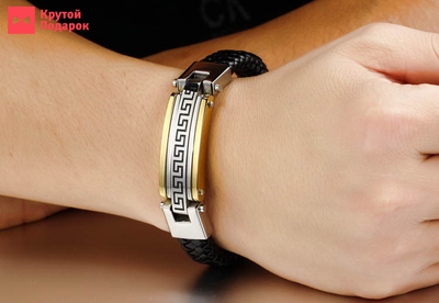 Кожаный мужской браслет со вставкой «Nikias in Gold»