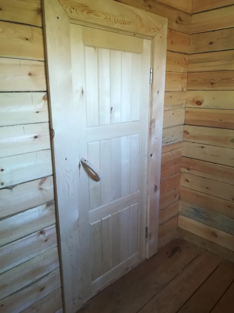 В мойке установлена межкомнатная деревянная дверь в парилку