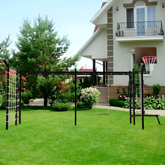 Уличная шведская стенка двойной рукоход с  комплектом турник прямой и канатным лазом