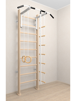 Деревянная спортивная стенка с турником и детскими навесными в квартиру  (натуральный)