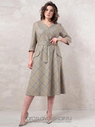 Элегантное серо-зеленое платье полуприлегающего силуэта