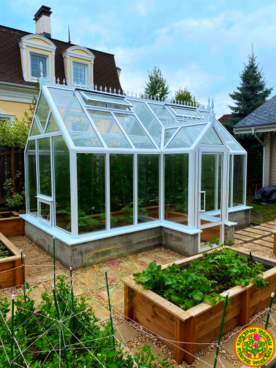Базовая комплектация теплицы в английском стиле с холлом из стекала и алюминия ЕЛИЗАВЕТА XS размером 5000 x 2500 мм