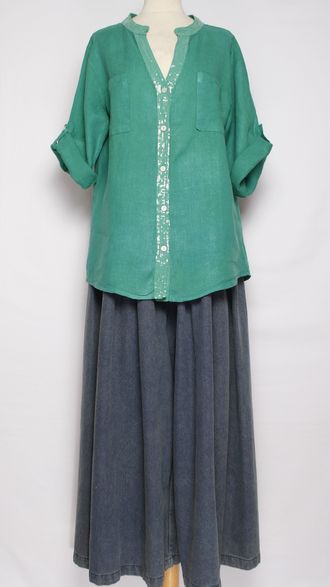 РУБАШКА ЛЁН "КРУЖЕВО НА СПИНЕ"  малахит р.46-52