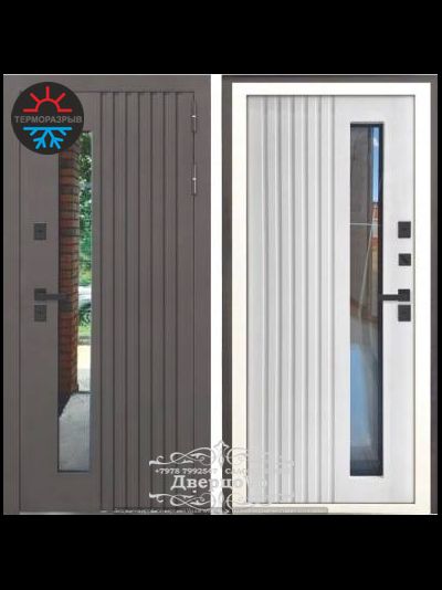 960*2050, ПРАВОЕ ОТКРЫВАНИЕ. ТЕРМОРАЗРЫВ. КРОНОС МУАР Ral 8019 (КОРИЧНЕВЫЙ) - СОФТ БЕЛЫЙ СНЕГ/ СТЕКЛОПАКЕТ.