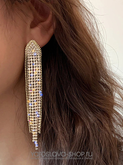 Серьги-пусеты, длинные кисточки со стразами
