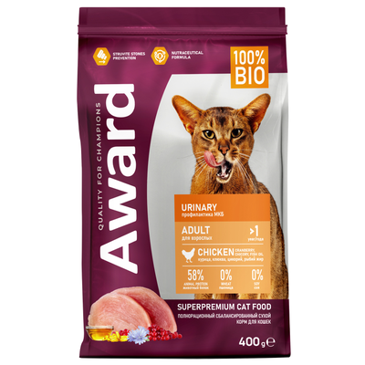 AWARD (Авард) Urinary, сухой корм для кошек для профилактики мочекаменной болезни, Курица 400 г