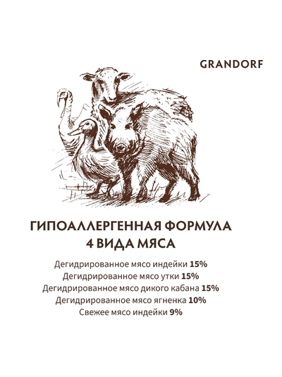 Grandorf (Грандорф) сухой корм для стерилизованных кошек и кастрированных котов 4 мяса с пробиотиками, 400 г