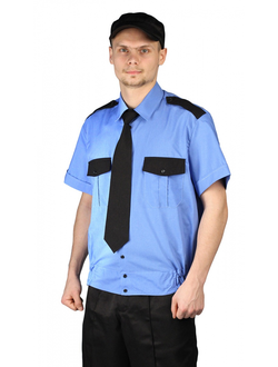 Рубашка мужская &quot;Охрана&quot; (кор. рукав) на резинке голубая с чёрным