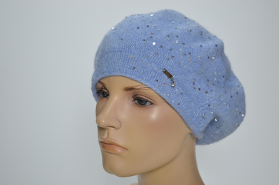 Женский голубой зимний берет с пайетками Италия Вицио 1331