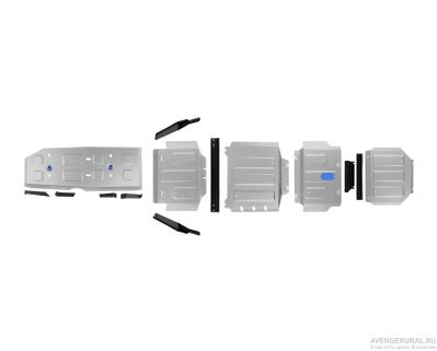Комплект защит радиатора + картера + КПП + РК + бака + комплект крепежа, Rival, Алюмний, Jac T9, V - 2.0. АКПП, полный, 2024-