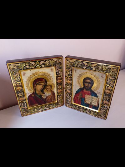 Венчальная пара. Образ Спасителя. Образ Пресвятой Божией Матери “Казанская”. Рукописные иконы 22х28см.