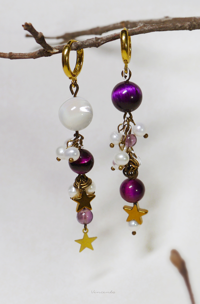 "Звёздные маячки", асимметричные серьги с жемчугом, тигровым глазом и флюоритом