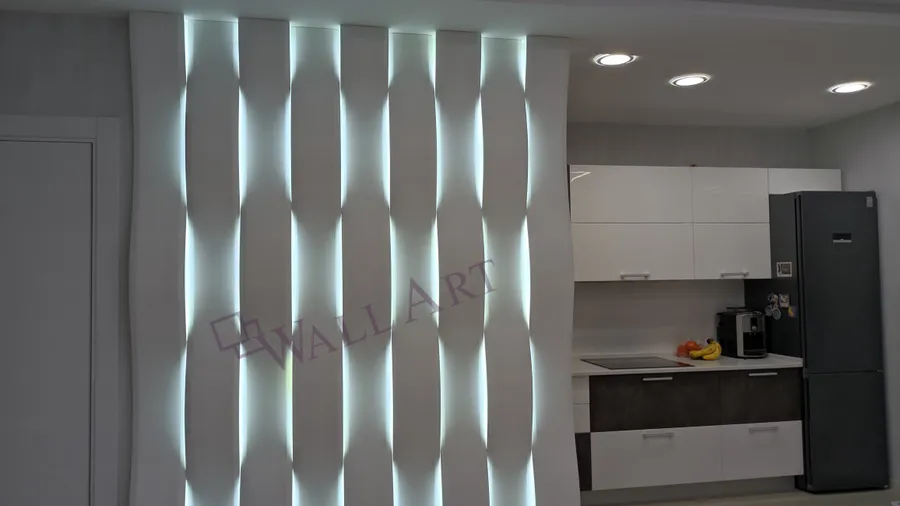 Смонтированная световая 3d панель "LightWave". г.Москва. Монтаж наш. Использована подсветка с холодным светом (6500к). Раскладка панелей стандартная - "Checkmate".