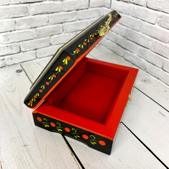 Шкатулка для хранения украшений Птица с рябиной 120*80 мм с росписью Хохлома