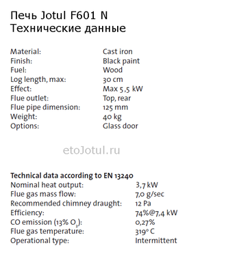 Технические характеристики печи Jotul F601, мощность, вес, эффективность